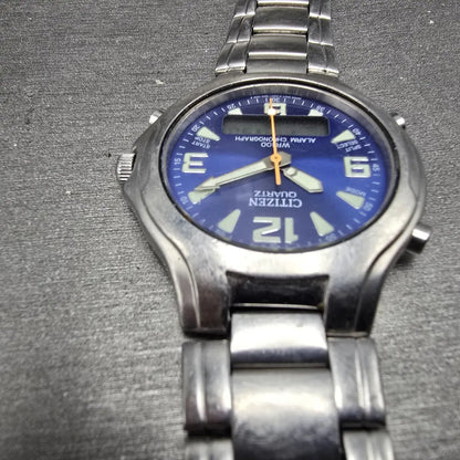 Citizen Watch Men 39mm Blue Dial Steel Alarm Chronograph Analog Digital New Batt4