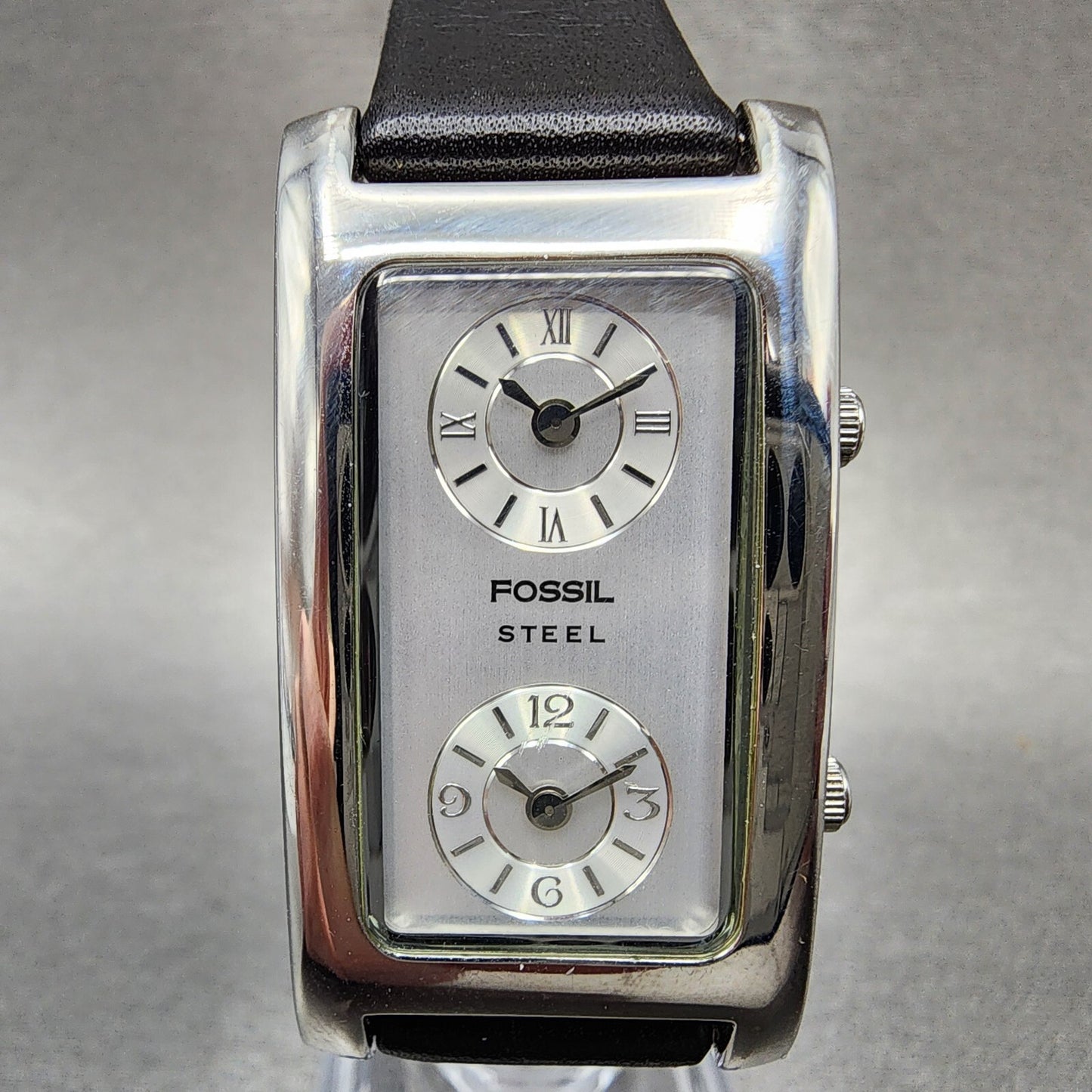 Fossil Steel Dual Time Watch Women 23mm Silver Dial Silver Tone Rectangle NewBat1