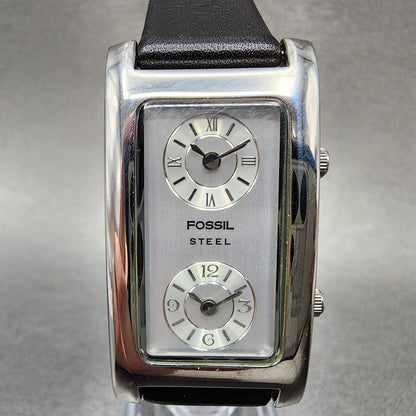 Fossil Steel Dual Time Watch Women 23mm Silver Dial Silver Tone Rectangle NewBat1