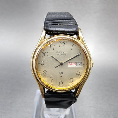 VTG Seiko SQ Watch Women 23mm Champagne Dial Gold Tone Daydate Round New Battery0