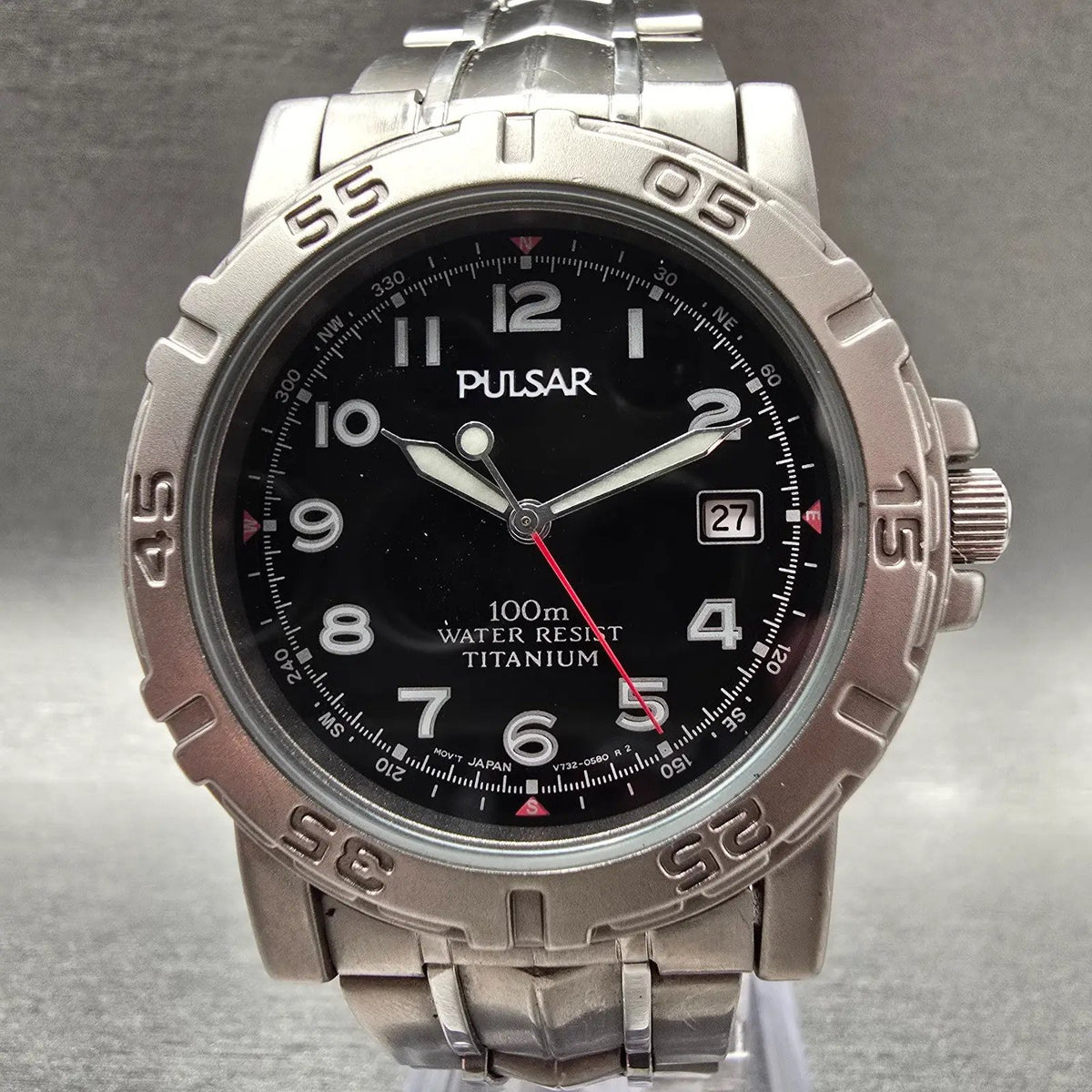 Seiko Pulsar Watch Men 38mm Black Dial Titanium Date Round V730-0350 New Battery1