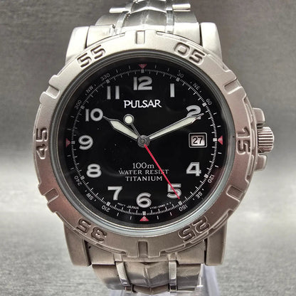 Seiko Pulsar Watch Men 38mm Black Dial Titanium Date Round V730-0350 New Battery1