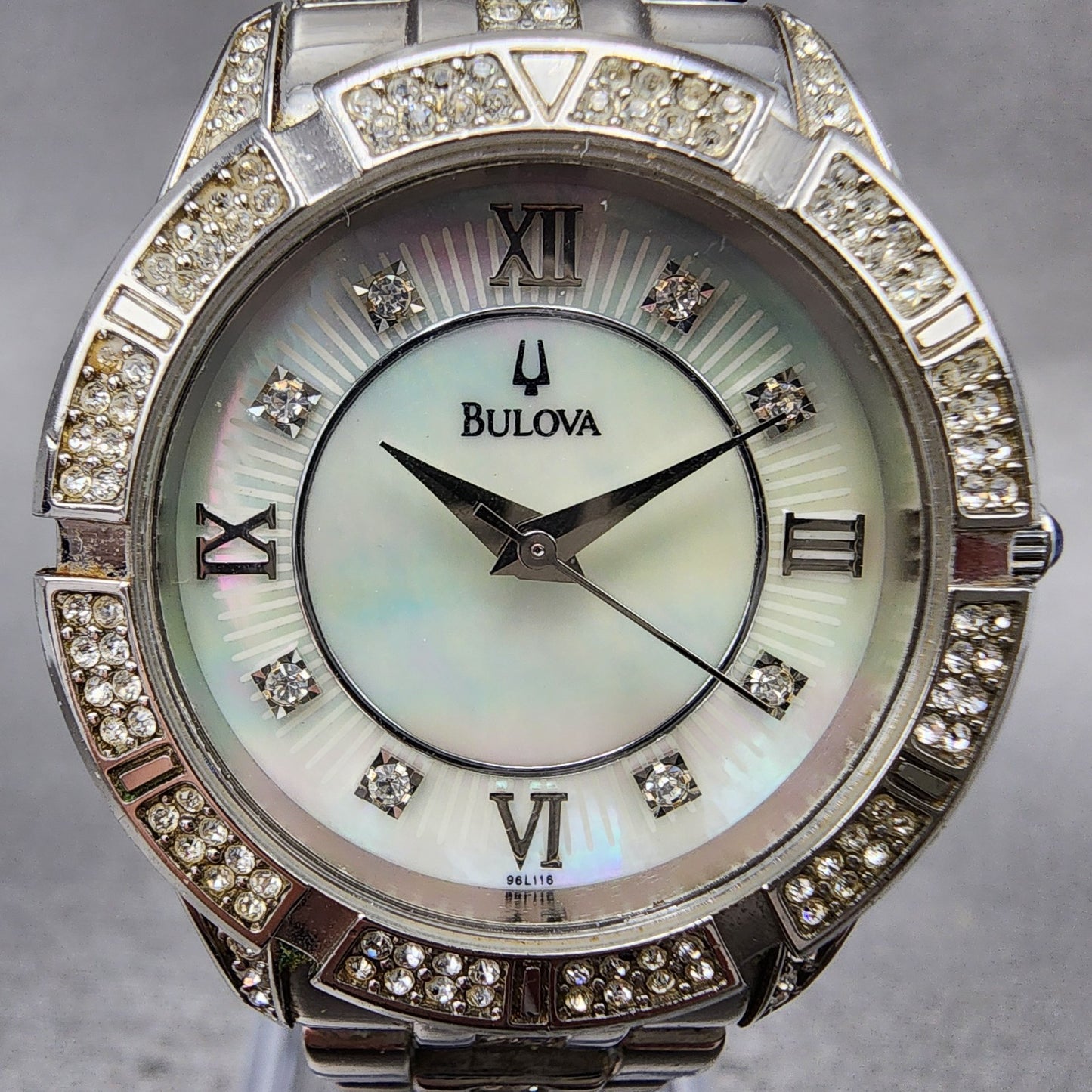 Bulova Watch Women 31mm MOP Dial Silver Tone Round 96L116 Crystal Accent New Bat1