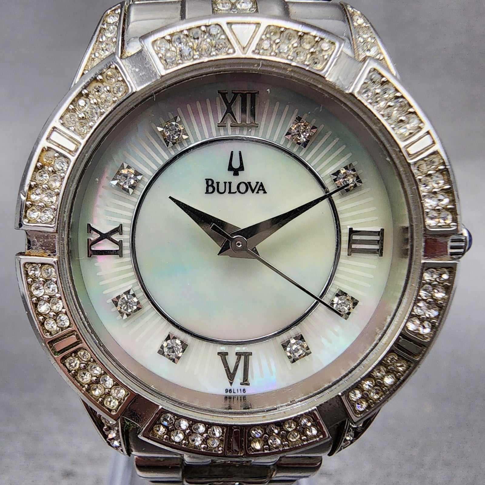 Bulova Watch Women 31mm MOP Dial Silver Tone Round 96L116 Crystal Accent New Bat1