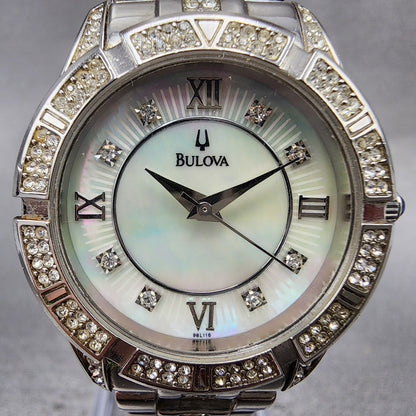 Bulova Watch Women 31mm MOP Dial Silver Tone Round 96L116 Crystal Accent New Bat1