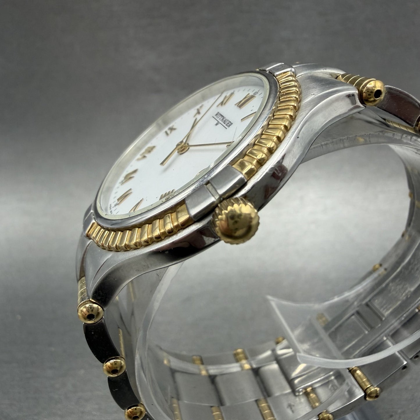 Wittnauer Watch Men 35mm White Dial Two Tone Date Round JV8245 9514 New Battery2