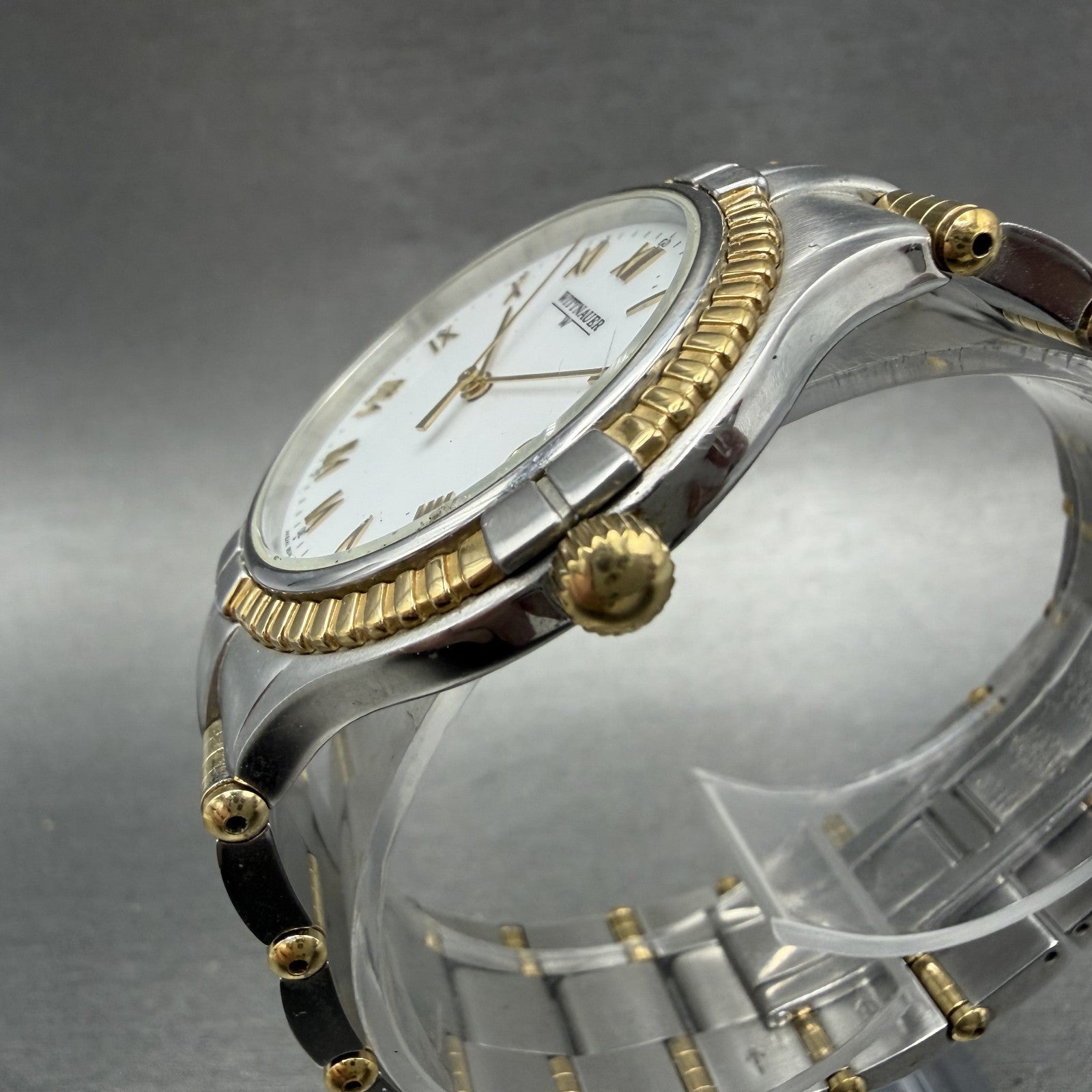 Wittnauer Watch Men 35mm White Dial Two Tone Date Round JV8245 9514 New Battery2