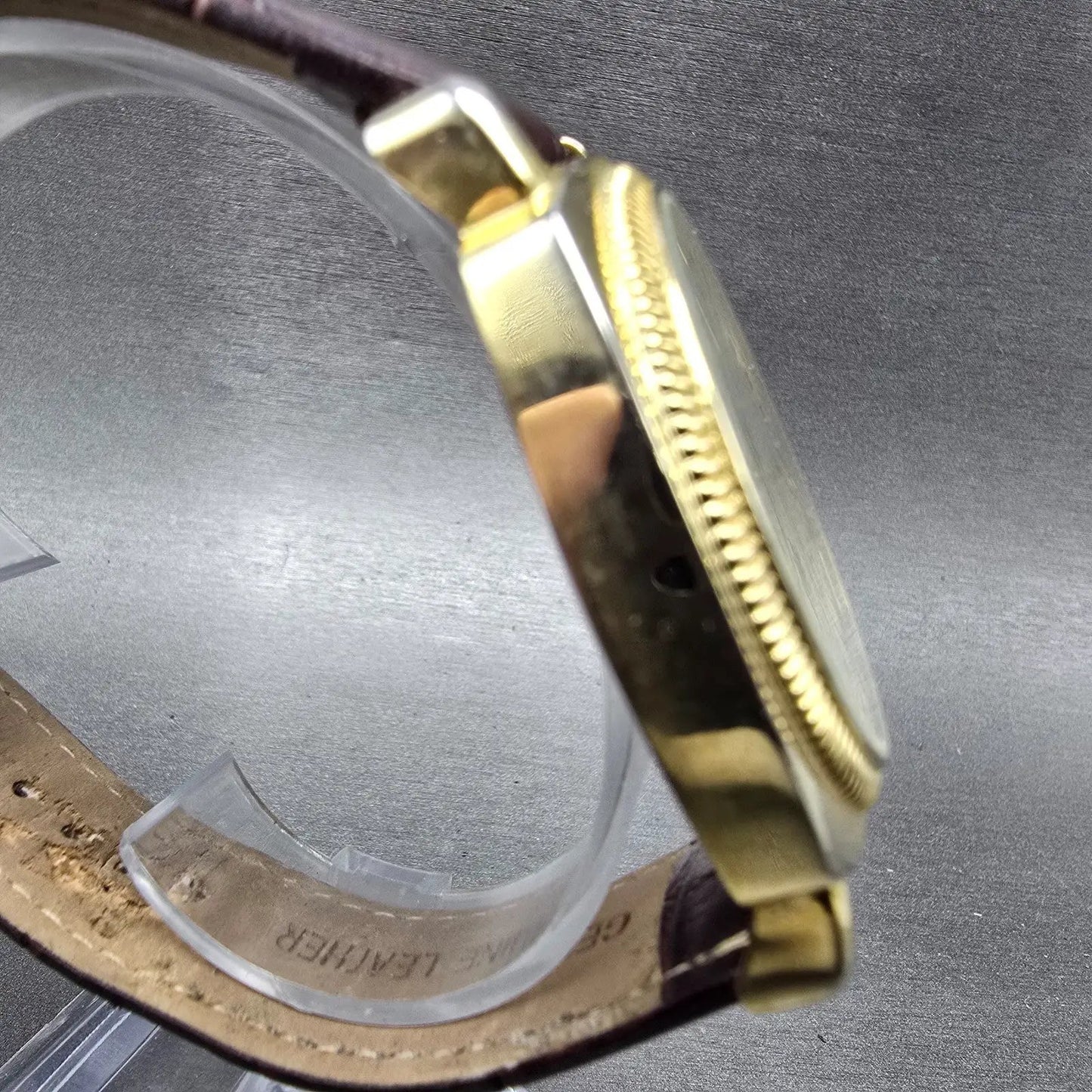 Stauer Watch Men 40mm Silver Dial Gold Tone Date Round Leather New battery3