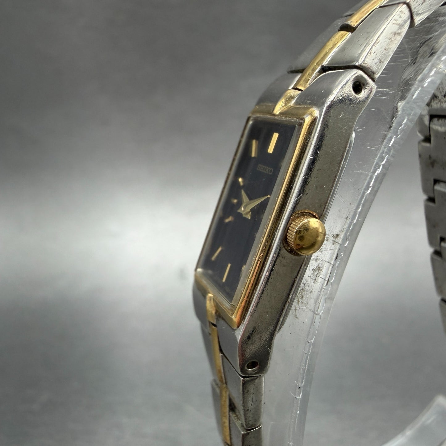Seiko Tank Watch Women 13mm Black Dial Two Tone Rectangle 2E20-0AY0 New Batt BTQ2