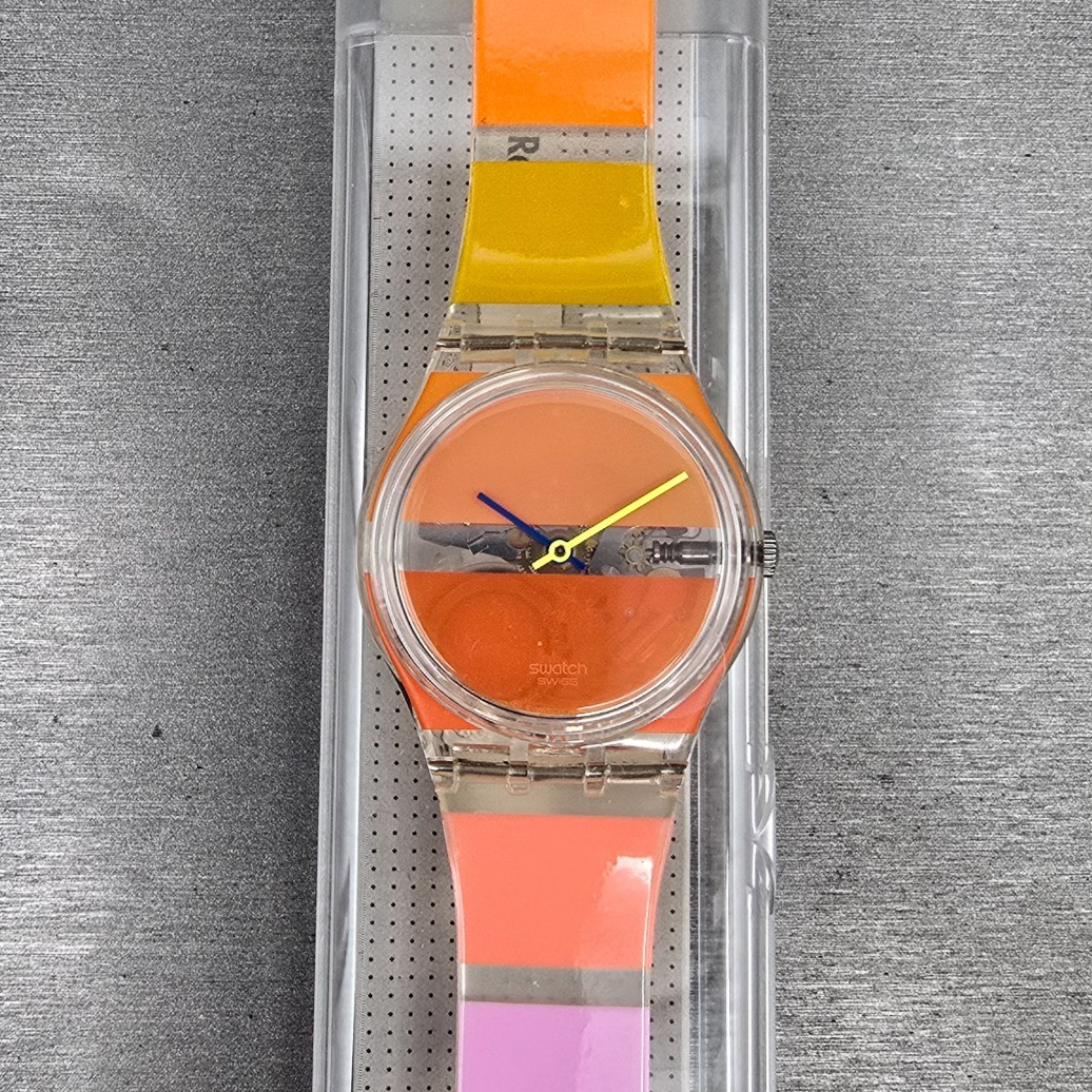 Swatch Orange Painted Time Watch Men 34mm Clear Case GK378 New Battery NOS0