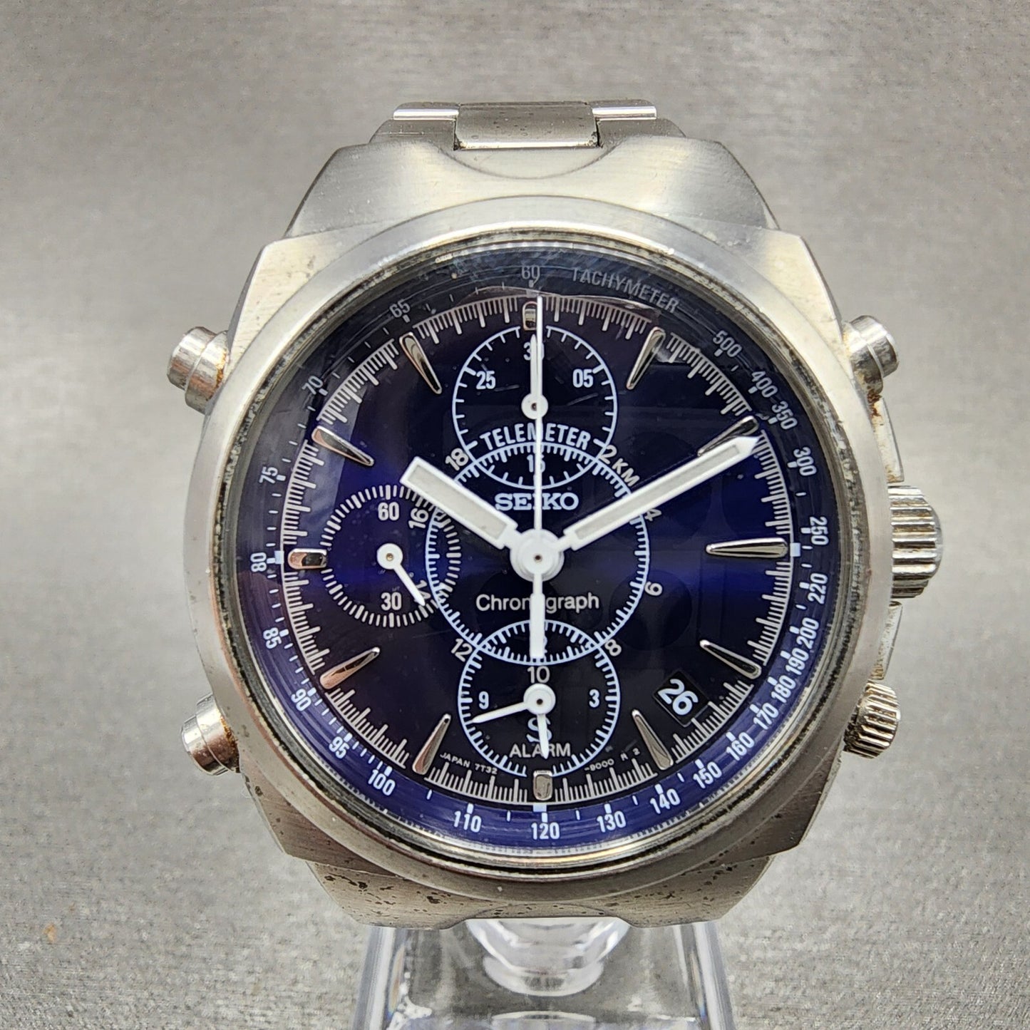 Seiko Chronograph Watch Men 38mm Blue Dial Silver Tone Date 7t32-9000 New Batt
