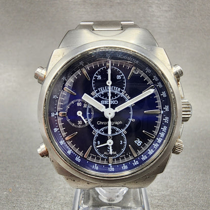 Seiko Chronograph Watch Men 38mm Blue Dial Silver Tone Date 7t32-9000 New Batt