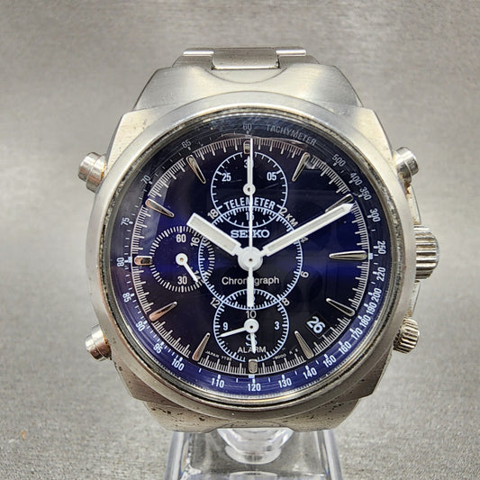 Seiko Chronograph Watch Men 38mm Blue Dial Silver Tone Date 7t32-9000 New Batt