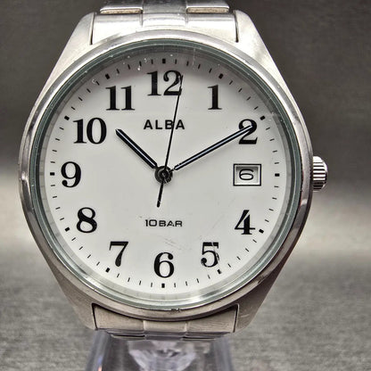 Seiko Alba Watch Men 36mm White Dial Silver Tone Date Round VJ42-KDG0 New Batt1