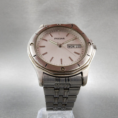 Pulsar Watch Men 38mm Silver Dial Silver Tone Daydate Round V7438A80 New Batt5