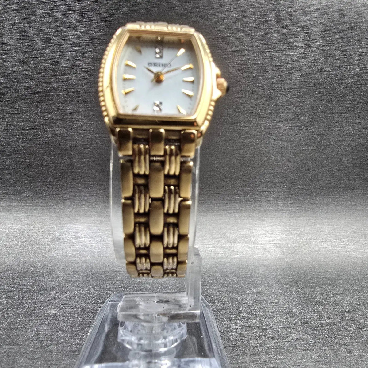 Seiko Watch Women 20mm MOP Dial Gold Tone Gemmed Rectangle 1N01-0HL0 New Battery5