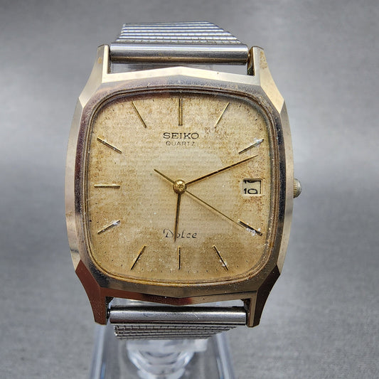 Seiko Dolce Watch Men 29mm Champagne Dial Gold Date Rectangle 9522-5010 PARTS