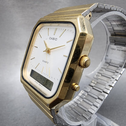 Casio AQ425 Watch Men 30mm White Dial Gold Tone Analog Digital New Battery VTG2