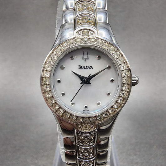 Bulova Watch Women 22mm MOP Dial Silver Tone Round Crystals 96T14 New Battery0