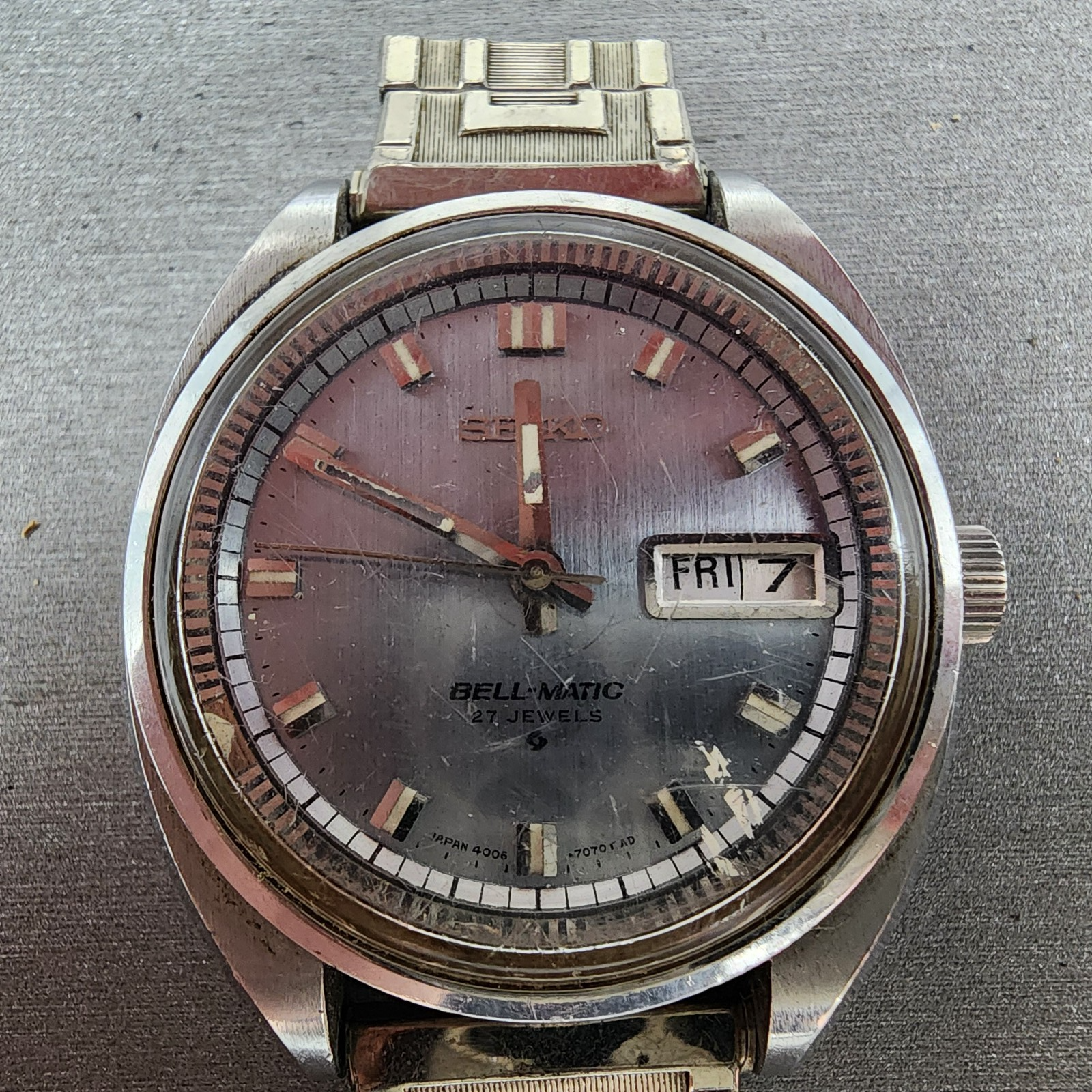 Seiko BellMatic Watch Men 38mm Silver Dial Silver Tone Daydate Alarm PARTS2
