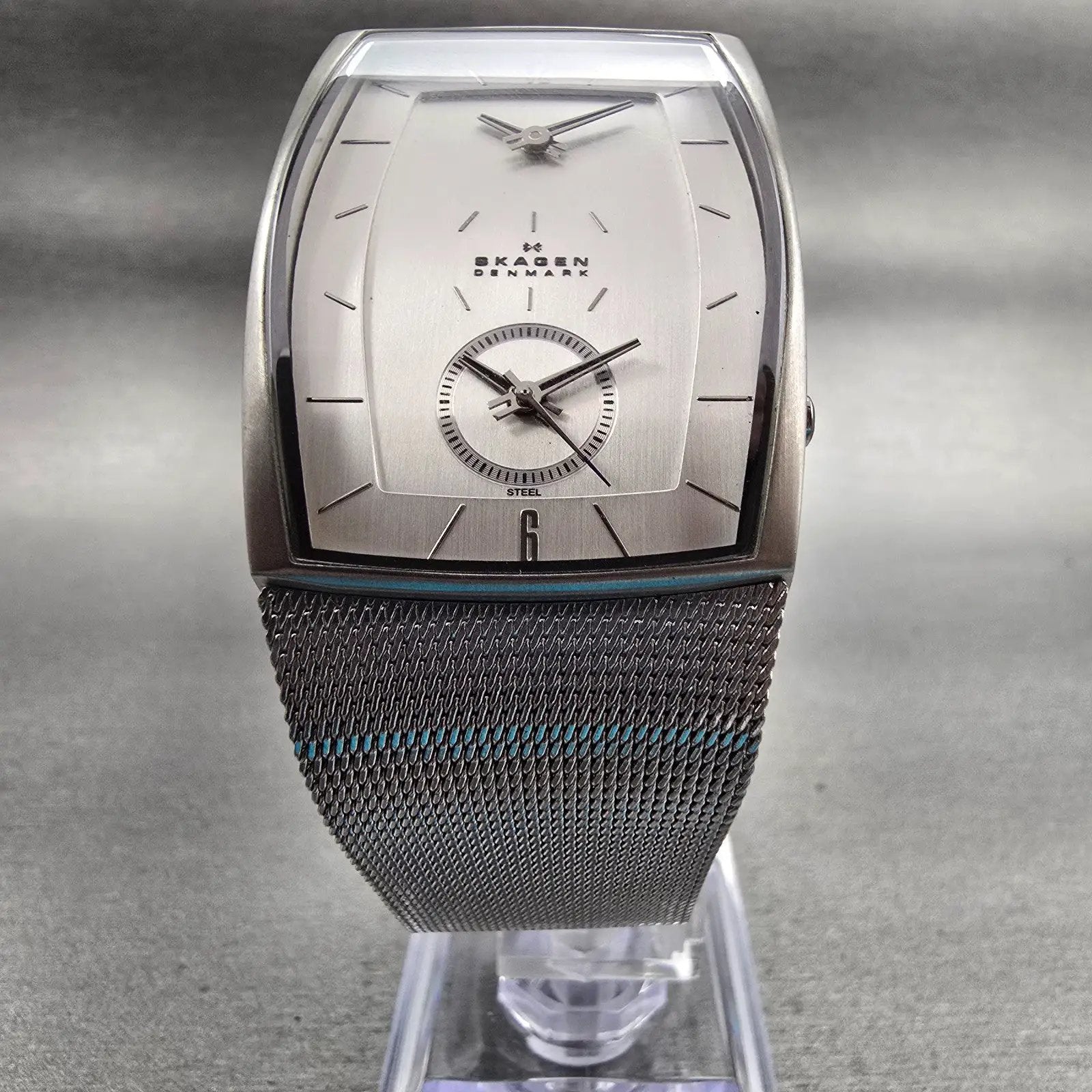 Skagen Dual Time Watch Men 30mm Silver Dial Silver Tone Rectangle 281LSS New Bat5