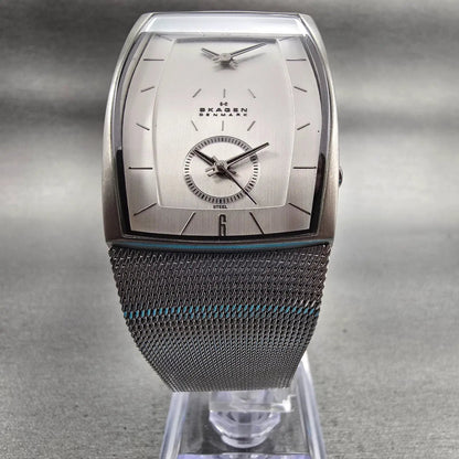 Skagen Dual Time Watch Men 30mm Silver Dial Silver Tone Rectangle 281LSS New Bat5