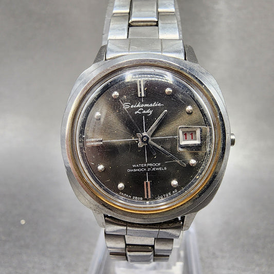 Seiko Seikomatic Lady Watch Women 24mm Black Dial Silver Tone Date Runs READ!!0