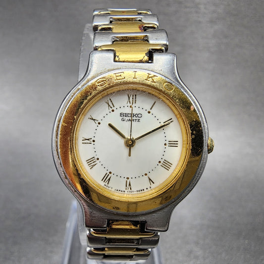 Seiko Watch Women 25mm White Dial Two Tone Round 1N01-0B90 New Battery VTG