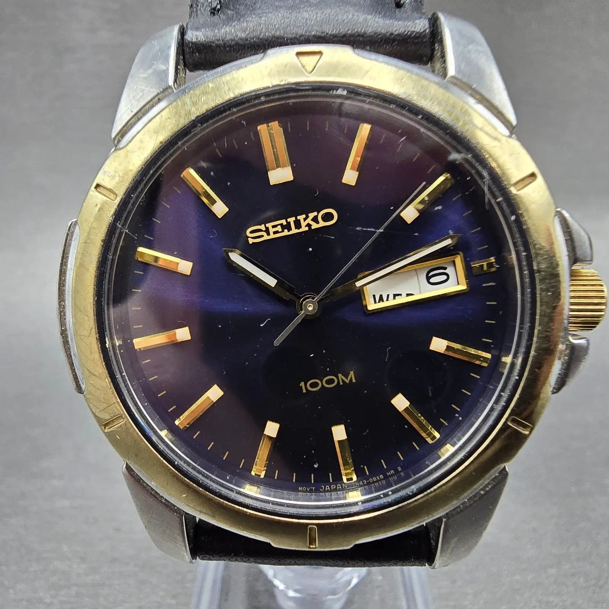 Seiko Watch Men 38mm Blue Dial Two Tone Daydate Round 7N43-0AZ0 New Battery L0