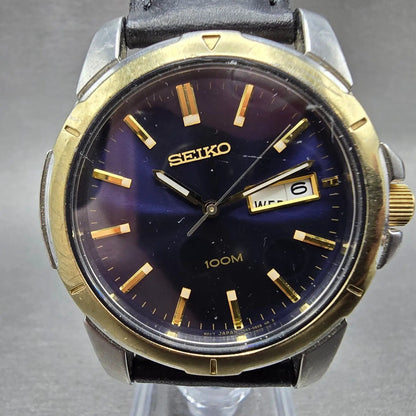 Seiko Watch Men 38mm Blue Dial Two Tone Daydate Round 7N43-0AZ0 New Battery L0