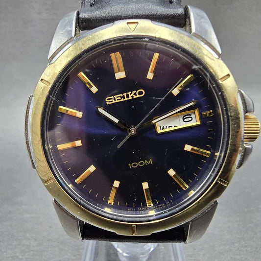 Seiko Watch Men 38mm Blue Dial Two Tone Daydate Round 7N43-0AZ0 New Battery L0