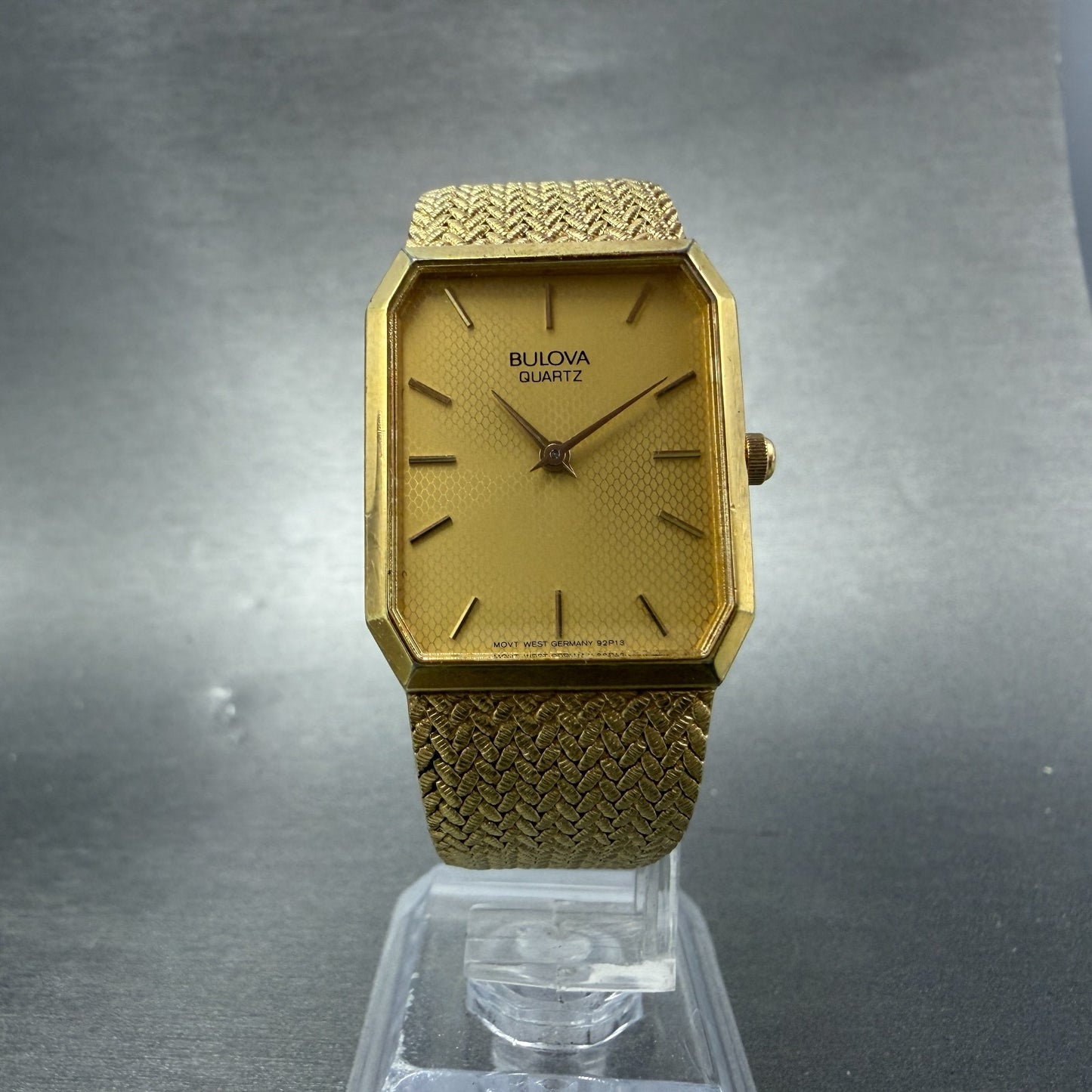 Bulova Tank Watch Men 25mm Gold Dial Gold Tone Octagon Mesh Band 92P13 New Batt5