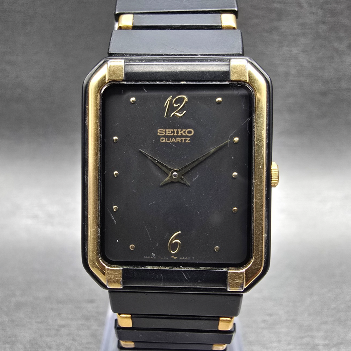 Seiko Watch Men 24mm Black Dial Two Tone Rectangle 7430-5980 New Battery Vintage0