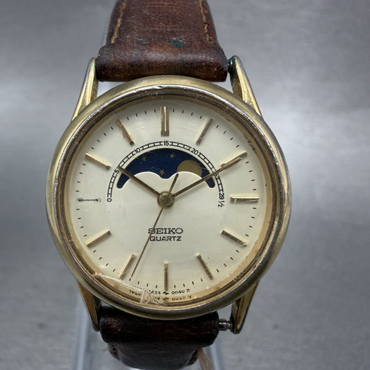 Seiko Moonphase Watch Women 24mm Champa Dial Gold Tone 2A240048 New Battery VTG0