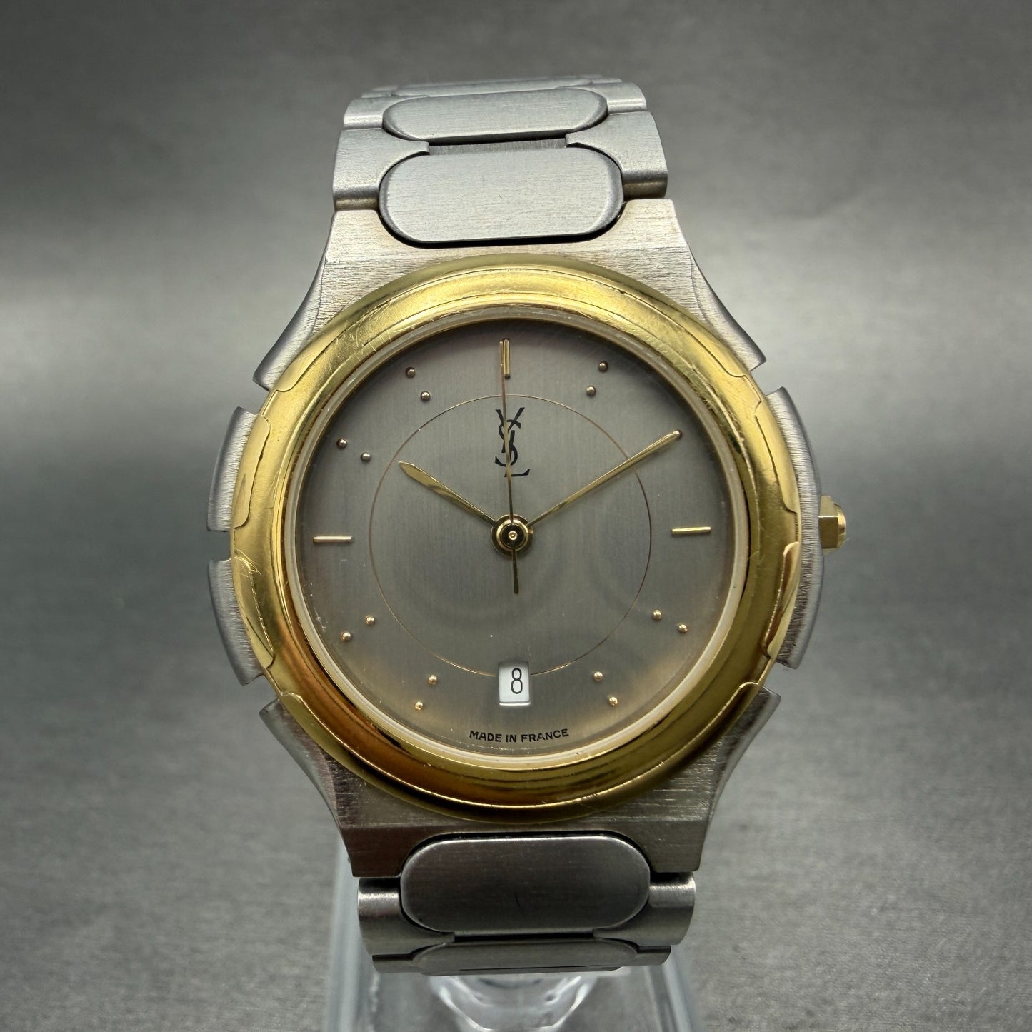 Yves Saint Laurent Watch Men 33m Silver Dial Two Tone Round New Battery0