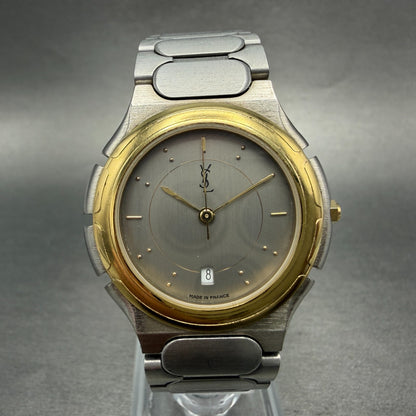 Yves Saint Laurent Watch Men 33m Silver Dial Two Tone Round New Battery0