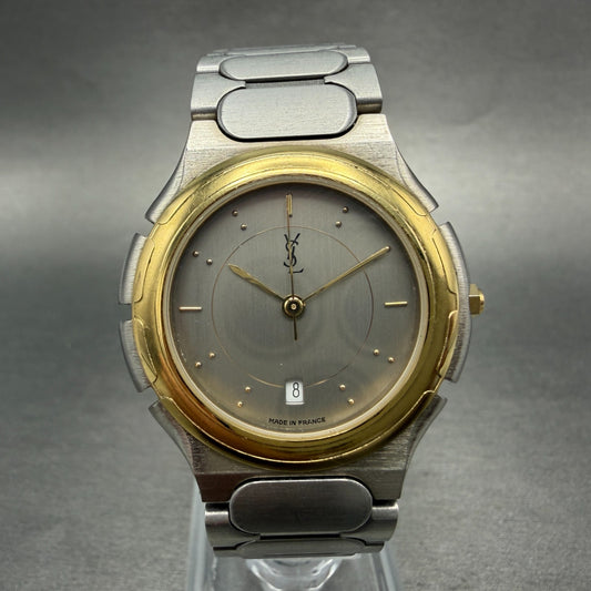 Yves Saint Laurent Watch Men 33m Silver Dial Two Tone Round New Battery0