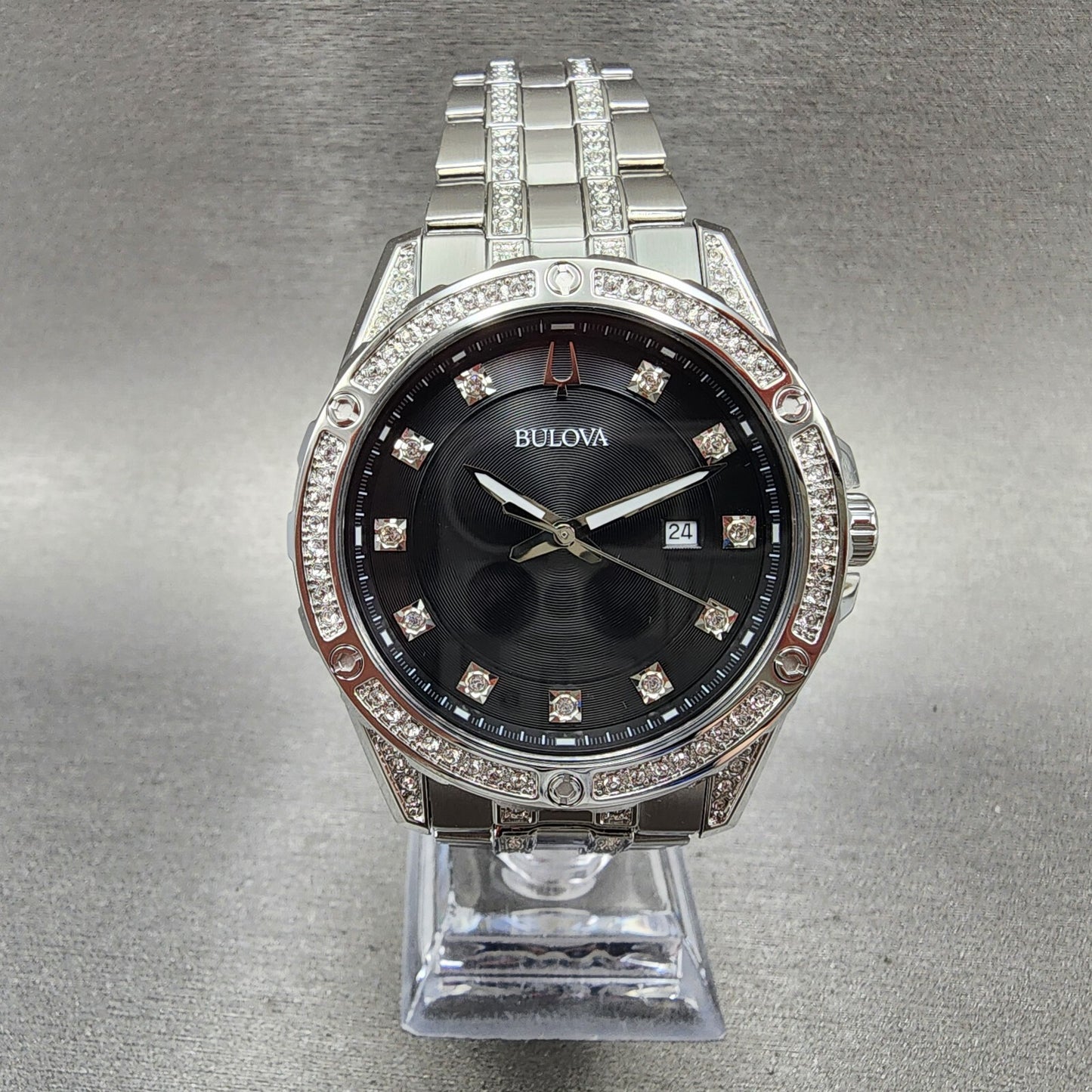 Bulova Watch Men 43mm Black Dial Steel Crystal Accents Date Round 96K105