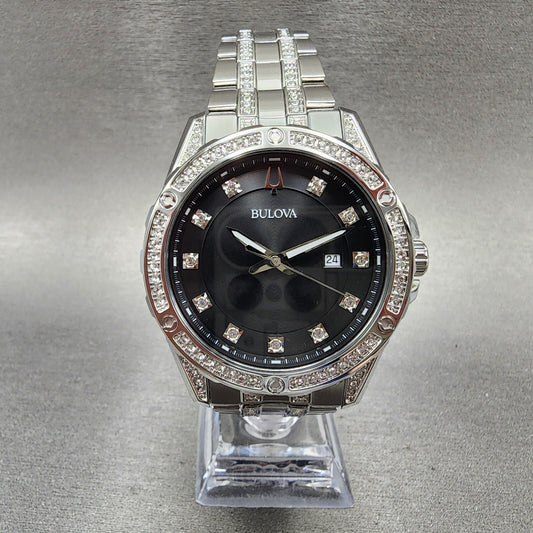Bulova Watch Men 43mm Black Dial Steel Crystal Accents Date Round 96K105