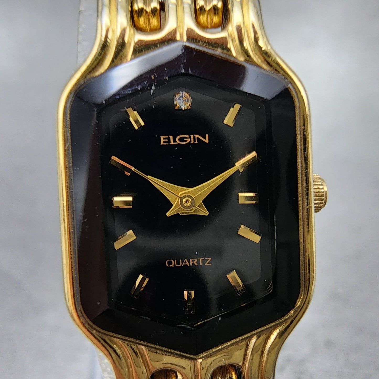 Elgin Watch Women 17mm Black Dial Gold Tone Hexagon EL394 New Battery1