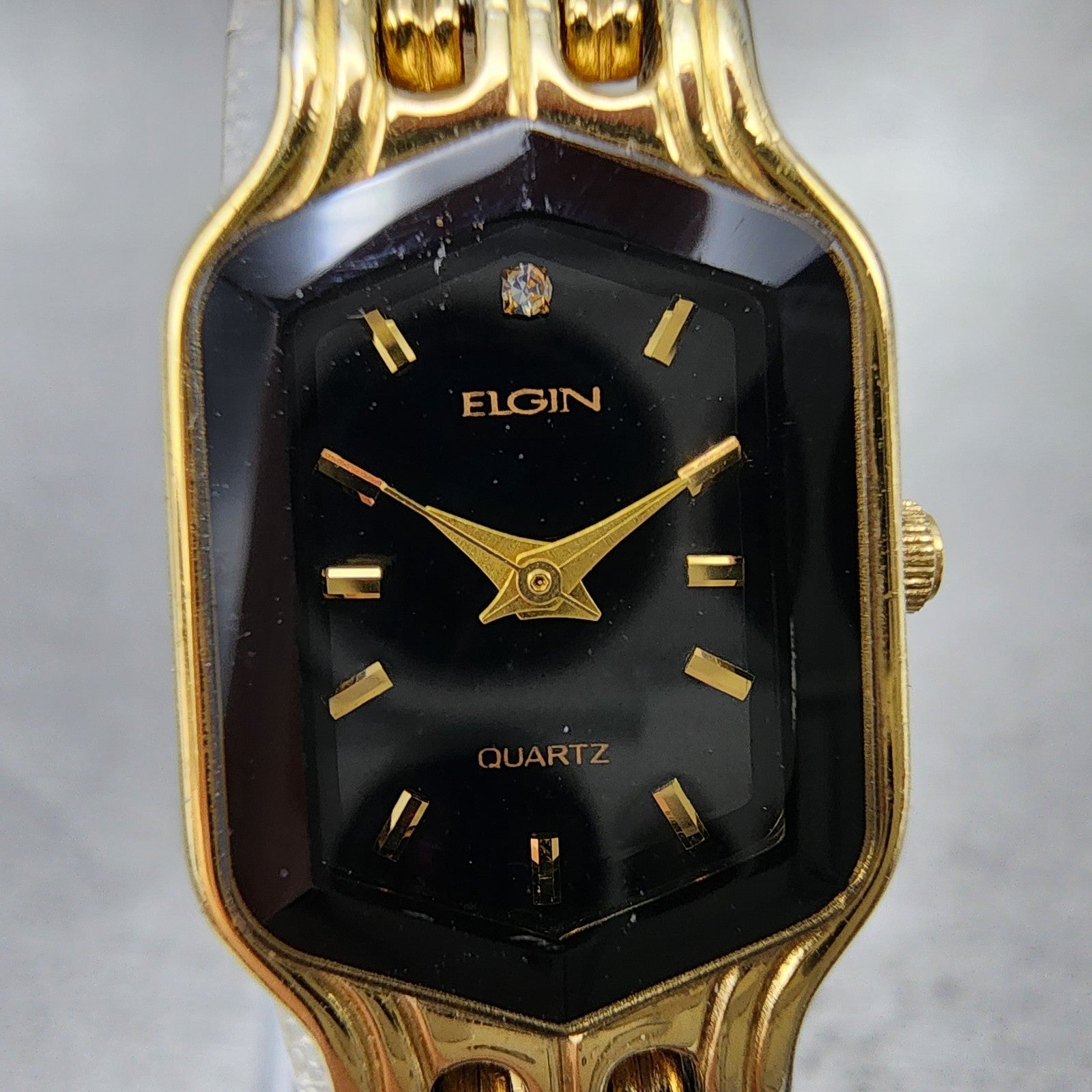 Elgin Watch Women 17mm Black Dial Gold Tone Hexagon EL394 New Battery1