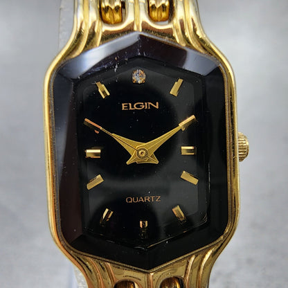 Elgin Watch Women 17mm Black Dial Gold Tone Hexagon EL394 New Battery1