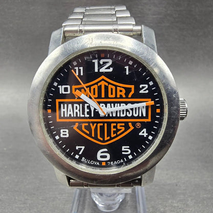 Bulova Harley Davidson Watch Men 38mm Black Dial Silver Tone 76A04 New Battery0