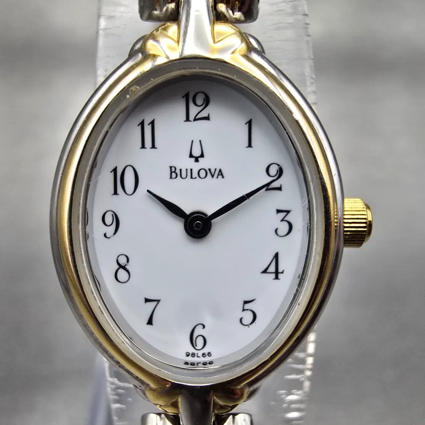 Bulova Watch Women 17mm White Dial Two Tone Oval 98L66 New Battery1