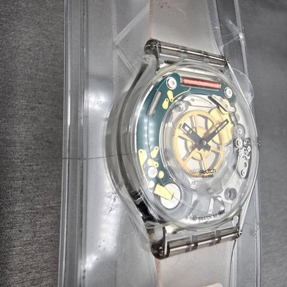 Swatch Jelly Skin Watch Men 34mm Skeleton Dial Clear Case SFK100 New Battery NOS5