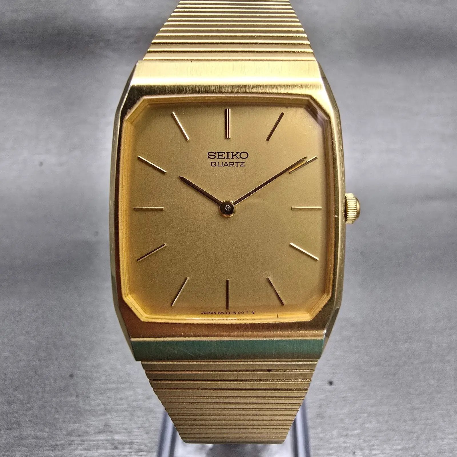 Seiko Watch Men 26mm Gold Dial Gold Tone Rectangle 6530-5080 New Battery Vintage0