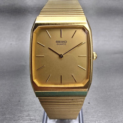 Seiko Watch Men 26mm Gold Dial Gold Tone Rectangle 6530-5080 New Battery Vintage0