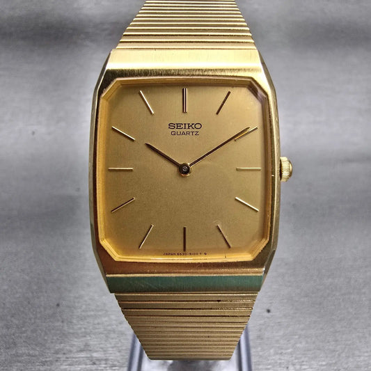 Seiko Watch Men 26mm Gold Dial Gold Tone Rectangle 6530-5080 New Battery Vintage0