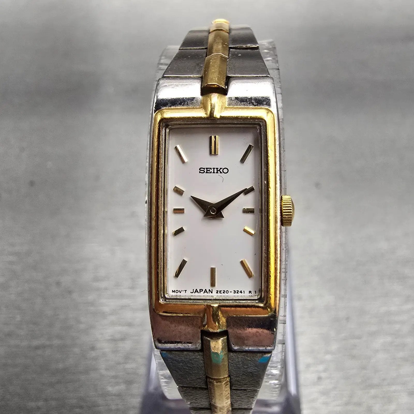Seiko Tank Watch Women 13mm White Dial Two Tone Rectangle 2E20-7479 New Battery0