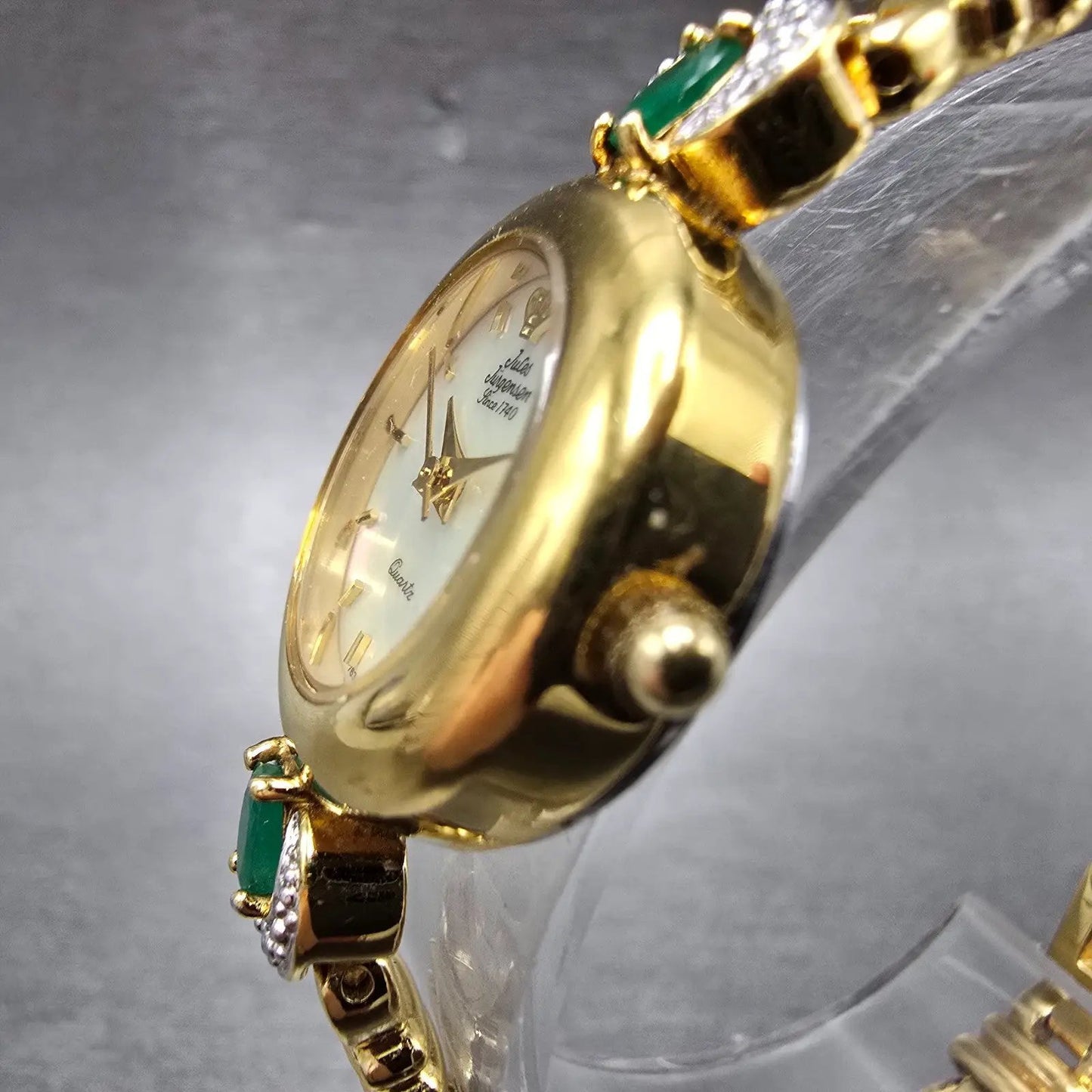 Jules Jurgenson Watch Women 22mm MOP Dial Gold Gem Set Round New Battery2
